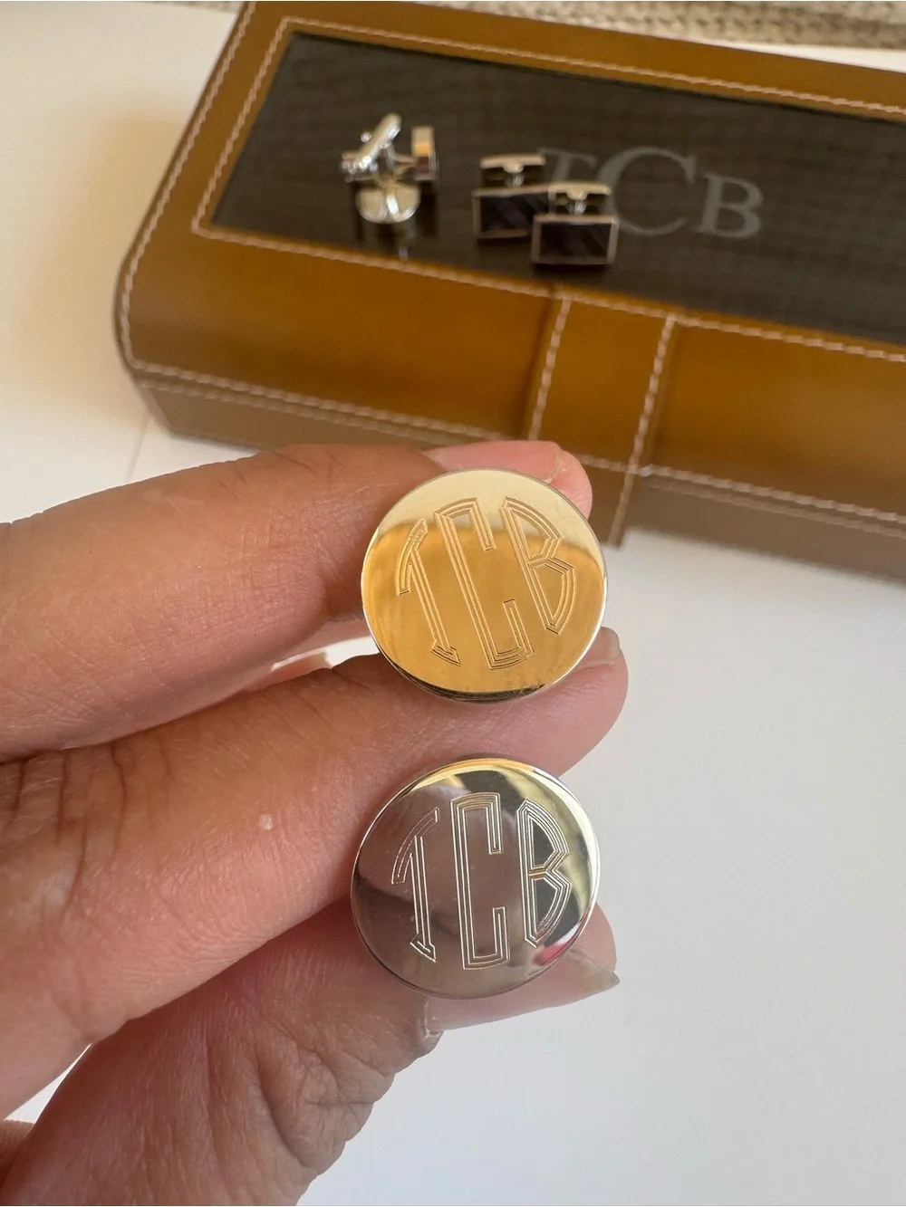 TCB Brown and Black Leather Cufflink Case with Silver-Tone Cufflinks